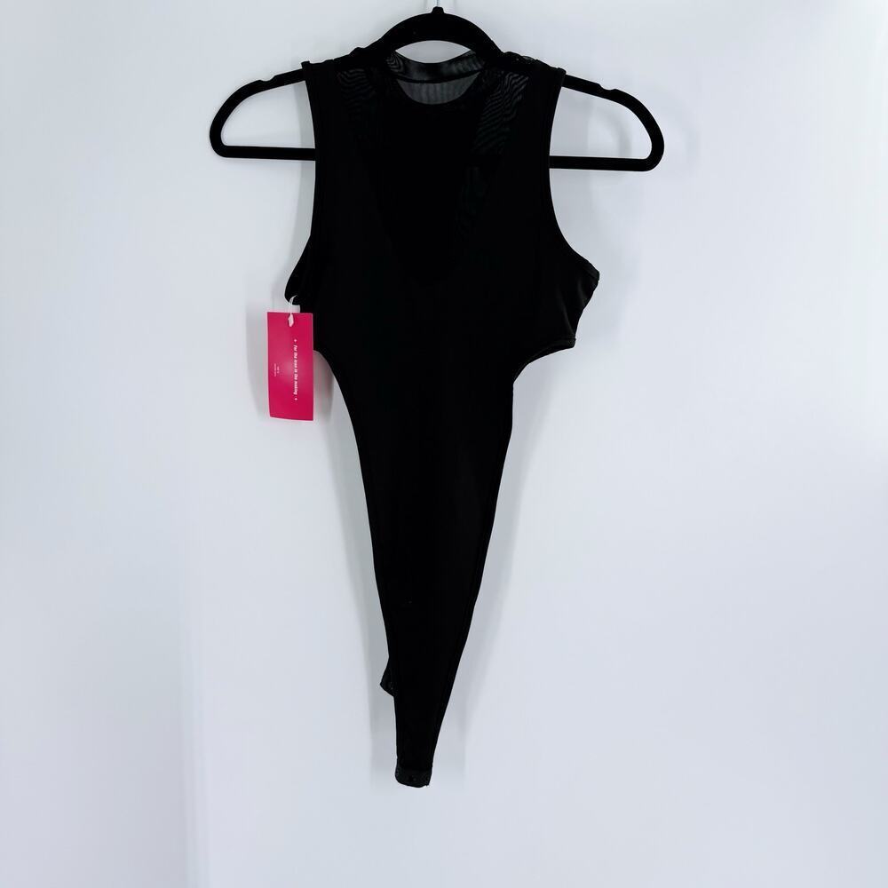 NWT Women’s Black Mesh Panel High Leg Mock Neck Bodysuit Size XS - Picture 3 of 4